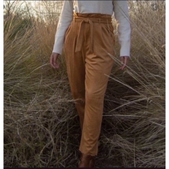 NWT FREE PEOPLE x REVOLVE Nightfall Suede Paperbag Pant Camel, Size 14 - Picture 6 of 7